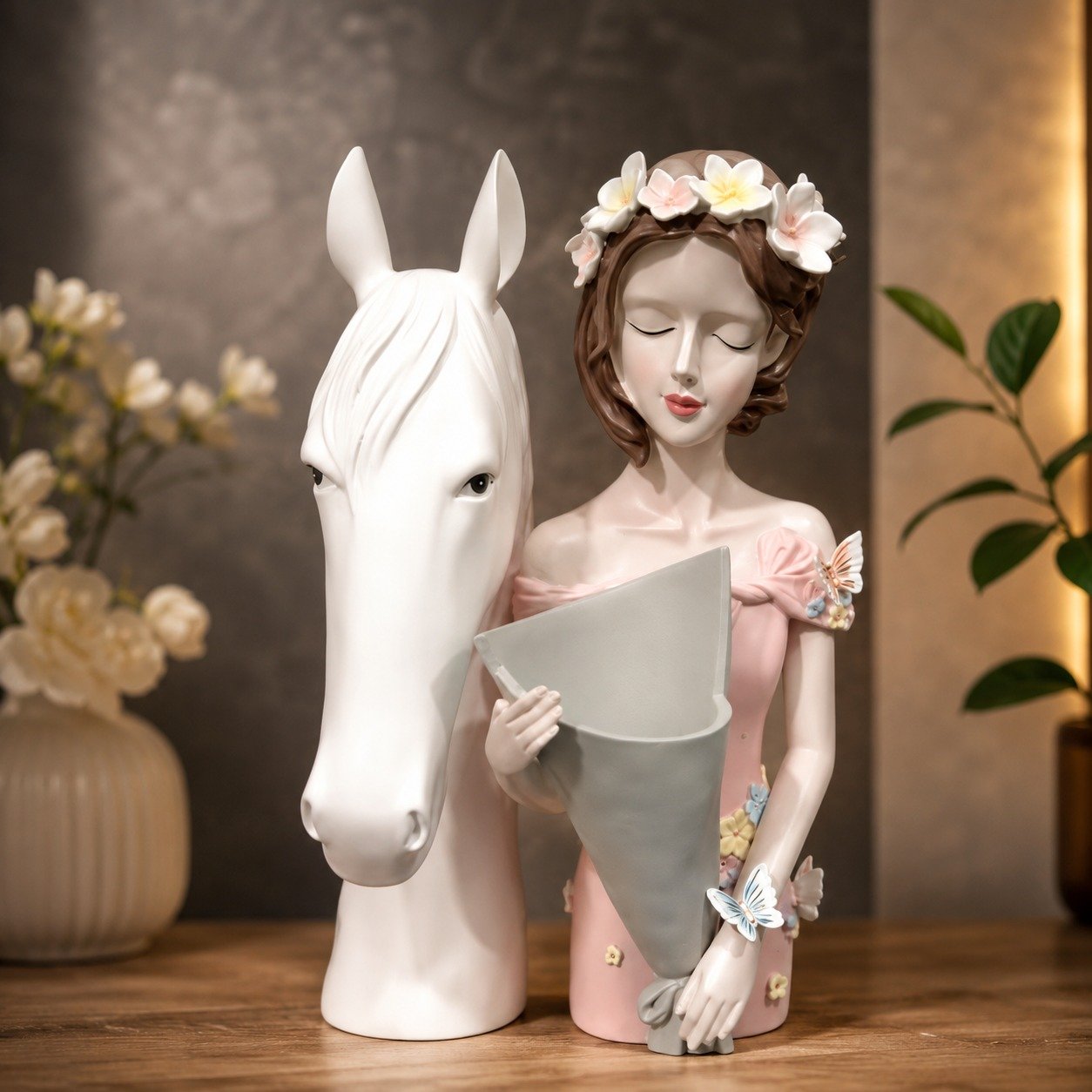 Elegant Lady with Horse Flower Vase Showpiece