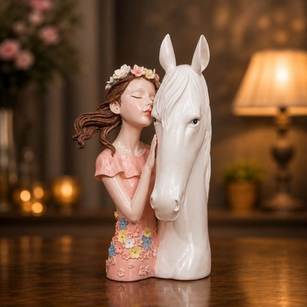 Elegant Lady with White Horse Resin Showpiece